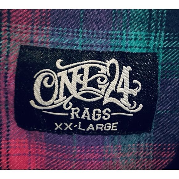 One 24 Rags Top Womens XXL Bright Plaid Flannel Fringe Hem Button Up Long Grunge - Picture 5 of 8